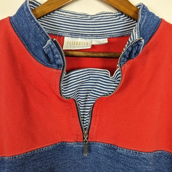 VTG Elisabeth Liz & Co Retro Cotton Denim & Red Half Zip Pullover Sweatshirt - Picture 6 of 6